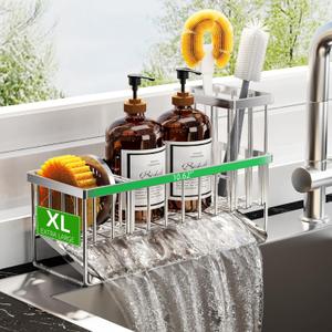 Cisily Extra Large Silver Kitchen Sink Caddy Organzier with High Brush Holder, Sponge Holder for Sink, 304 Rustproof Stainless, Kitchen Countertop Soap Dispenser Organizer For Decor and Accessories (10.62)