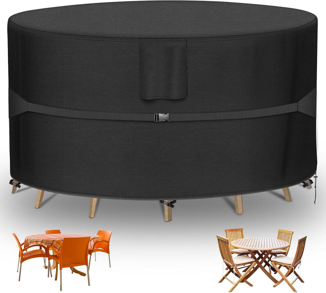 RICHIE Round Patio Furniture Covers - 600D Heavy Duty Waterproof Outdoor Table Cover, Lawn Furniture Set Covers for Dining Table and Chairs Seating 62"DIAx28"H