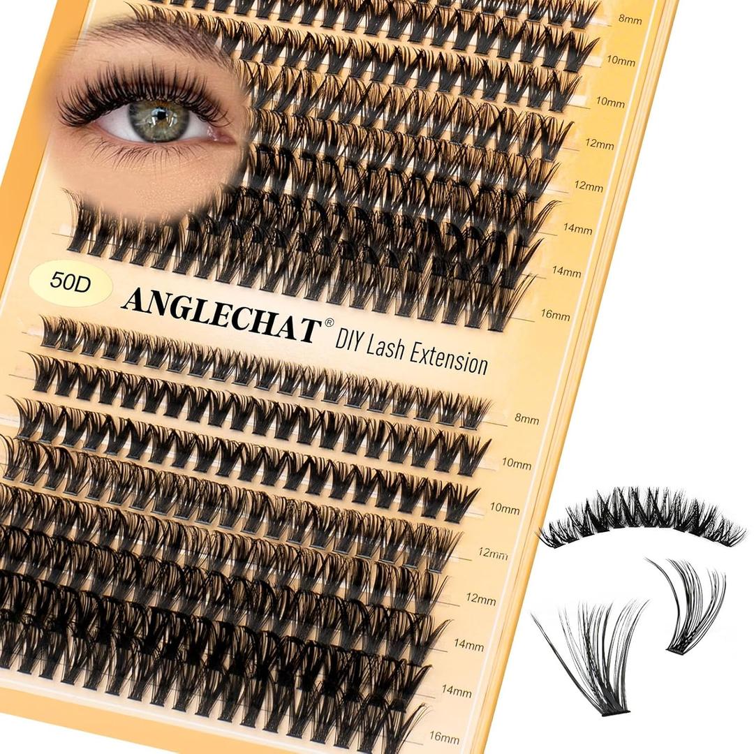 Lash Clusters WispyCluster Eyelash Extensions 320pcs Individual Natural Lashes 8-10-12-14-16mm Lash Extension D Curl DIY Thick False Eyelashes Fox Eye Soft Comfortable with Thin Band (Black-50D)