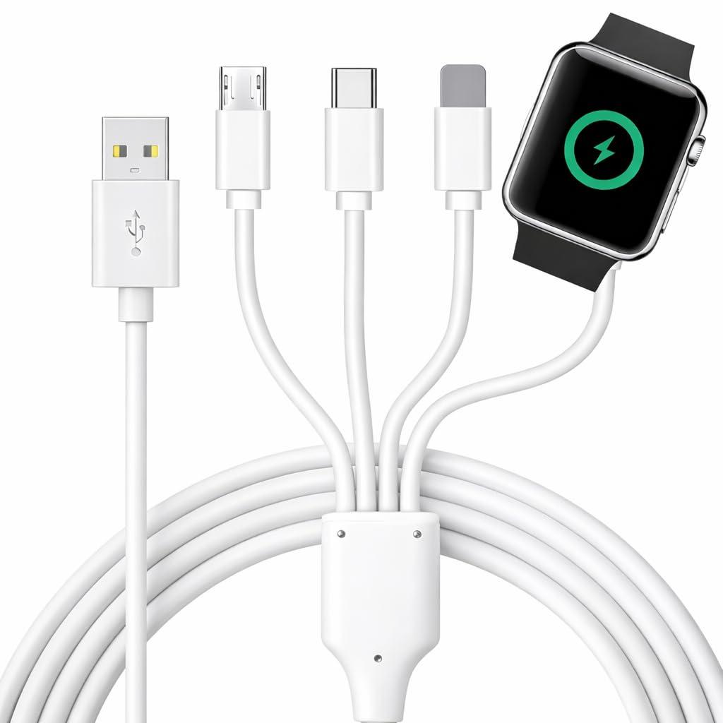 TOP-UP 4 in 1 Watch & Phone Charger Cable Travel Essentials Multi Charging Cable for Apple Watch, iPhone, USB-C & Micro, Multi Device Charger Cord, 4FT