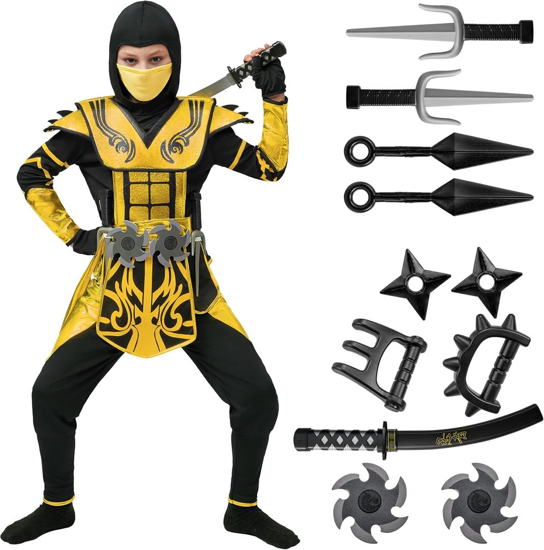 Spooktacular Creations Red Ninja Costume for Boys, Child Red Ninja Costume with Accessories for Kids Halloween Themed Parties (L (10-12 YRS), Golden)