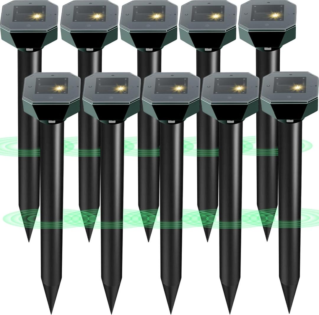 Snake & Mole & Rabbit & Skunk Repellent Solar Powered, Upgraded Ultrasonic Deterrent, IP65 Waterproof, Gopher Groundhog Chipmunk Raccoon and Vole Repellent & Deterrent for Lawn & Garden, 10 Pack