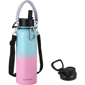 KXIAOCHEN Insulated Water Bottle, Stainless Steel Water Bottle, 2 Lids (Straw and Handle Lid),Wide Mouth Metal Water Bottles Keep Hot and Cold, Double Walled, Thermo Mug, Metal Canteen (40 Ounces, Rubber Pink)