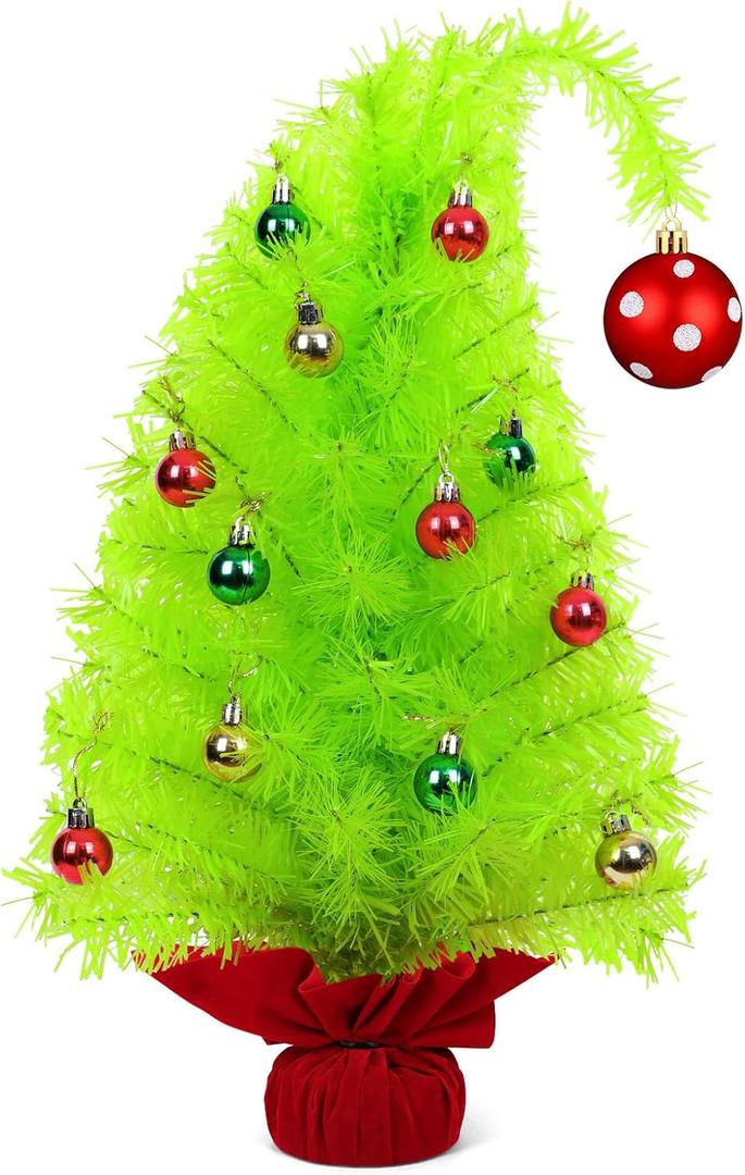 2 Ft Christmas Tree Decorations with Xmas Bauble Ornaments, Whimsical Christmas Decorations Lime Green Tabletop Christmas Tree for Centerpiece Tabletop Home Office Indoor Xmas Decor