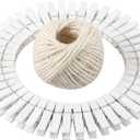 HSTECH 100 Pcs White Mini Natural Wooden Clothespins and 82 Ft Jute Twine, Baby Clothes Pins, 1.38in Craft Photo Clips for Home School Arts Crafts Decor, DIY Decoration's, Arts and Crafts, Weddings