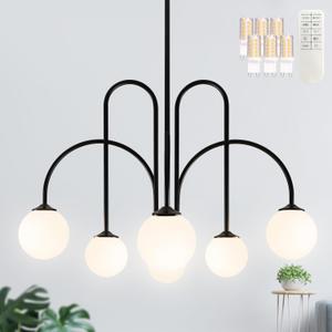 Bagood Modern Sputnik Chandelier Mid Century Chandelier for Dining Room 6-Light 30" Matte Black Sputnik Globe Chandelier with Milk Glass Globe Shade for High Ceiling (Bulbs& Remote Incl.)