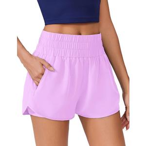 PINSPARK Running Shorts for Women Quick Dry High Waisted Athletic Short 2 in 1 Workout Gym Shorts with Zipper Pockets (Medium, Pink)