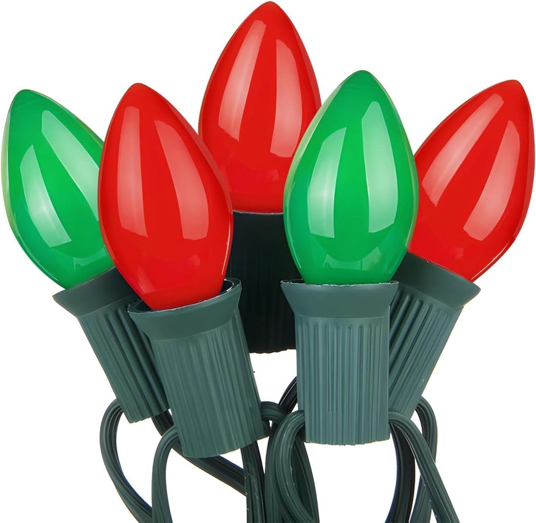 25FT C7 Vintage Christmas String Lights with 27 Red & Green Ceramic Bulbs, Hanging Outdoor & Indoor String Lights for Christmas Decor (Green Wire)