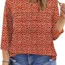 LOMON Plus Size Women Blouses 3/4 Length Sleeve Tops Crewneck Pleated Casual Tees Shirts 1X-5X (Red Daisy)