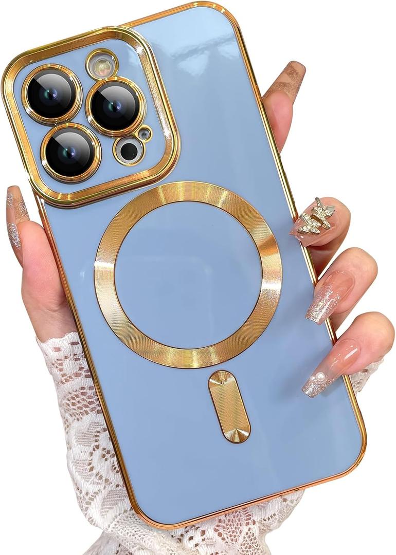 OOK Magnatic Case for iPhone 13 Pro Case [Compatible with MagSafe] Full Camera Lens Protector Gold Electroplate Edge Soft TPU Shockproof Protective Phone Case for Women Men 6.1 Inch - Light Blue