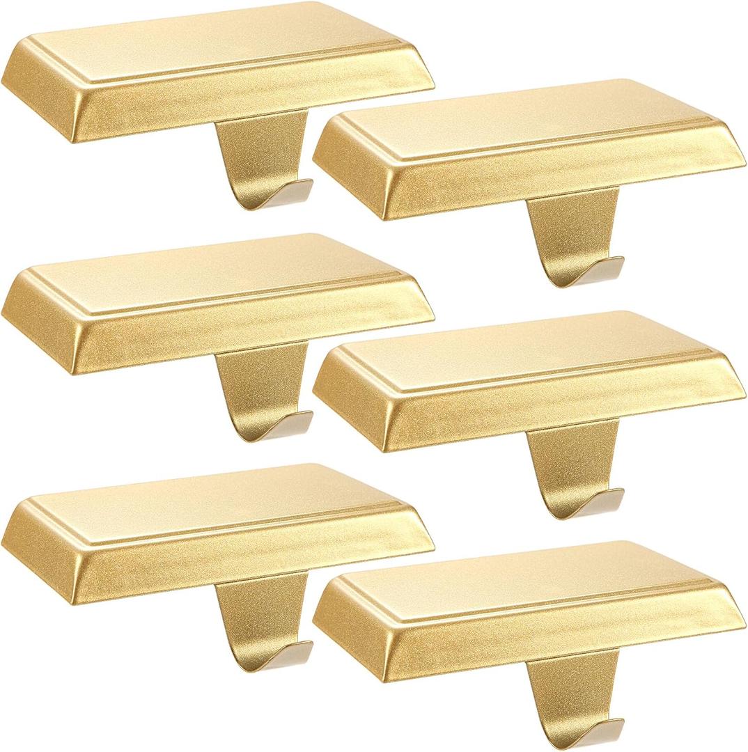 Sunshane Christmas Stocking Holders Mantel Stocking Hanger Hooks Fireplace Mantle Metal Hang Bases for Xmas Party Decorations (Gold, 6)