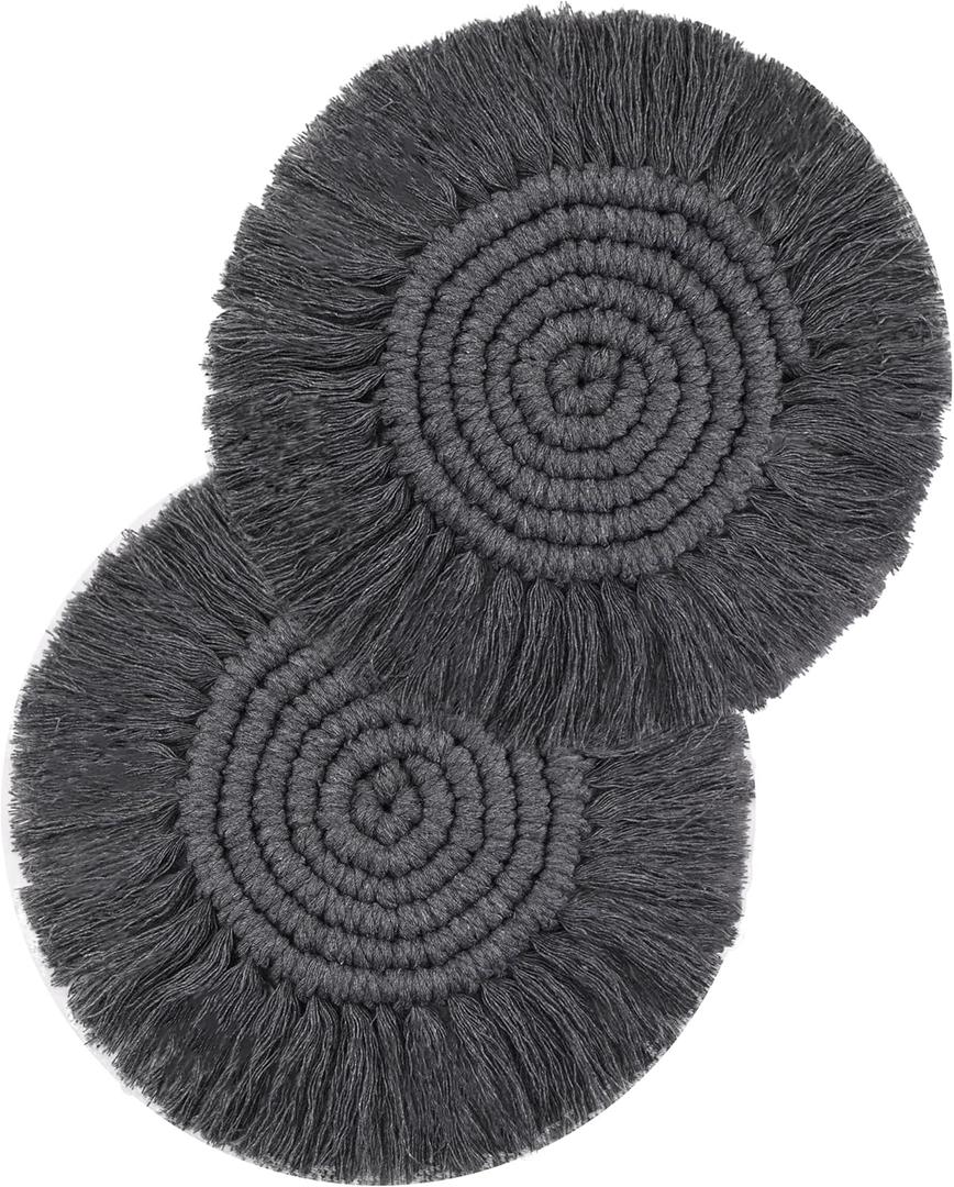 2 PCS Boho Coasters for Drinks Absorbent, Macrame Cotton Coasters for Wooden Table Round Drink Coaster Set with Tassels Housewarming Gift Bar Coffee Table Office Desk Decor (Gray)