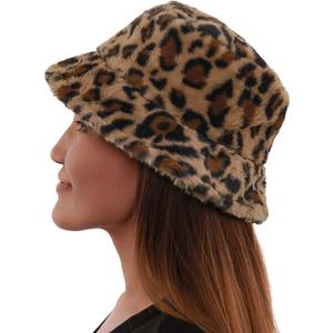 Faux Fur Fuzzy Winter Hats for Women, Warm Furry Brown Leopard Cheetah Bucket Hats for Men Women, Soft Cozy Winter Hat