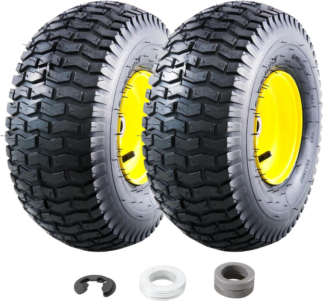 MZREXN 15x6.00-6 Lawn Mower Tires and Wheel Assembly, Front Tires Replacement, Compatible with John Deere & More Riding Mowers, 4 Ply Pneumatic, 3" Offset Hub, 3/4" Bearings, Tubeless, 2PCS