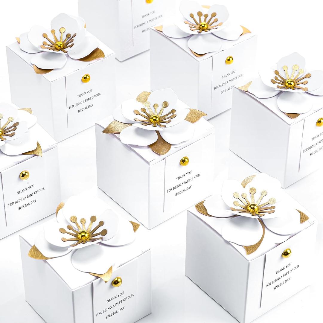 Affrolling 50 Pcs Wedding Favor Boxes with Thanks Card Square Flower Candy Boxes Paper Bridal Gift Box for Guests Wedding Bridal Shower Birthday Party Anniversary(White)