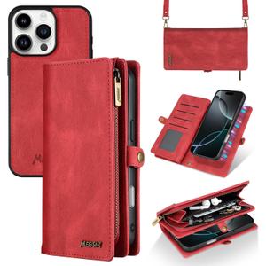 for iPhone 16 Pro Max Wallet Case,Fashionable Faux Leather Wallet Handbag Phone Case,Stylish Crossbody Protection with Card Slots & Anti-Slip Design(Red)
