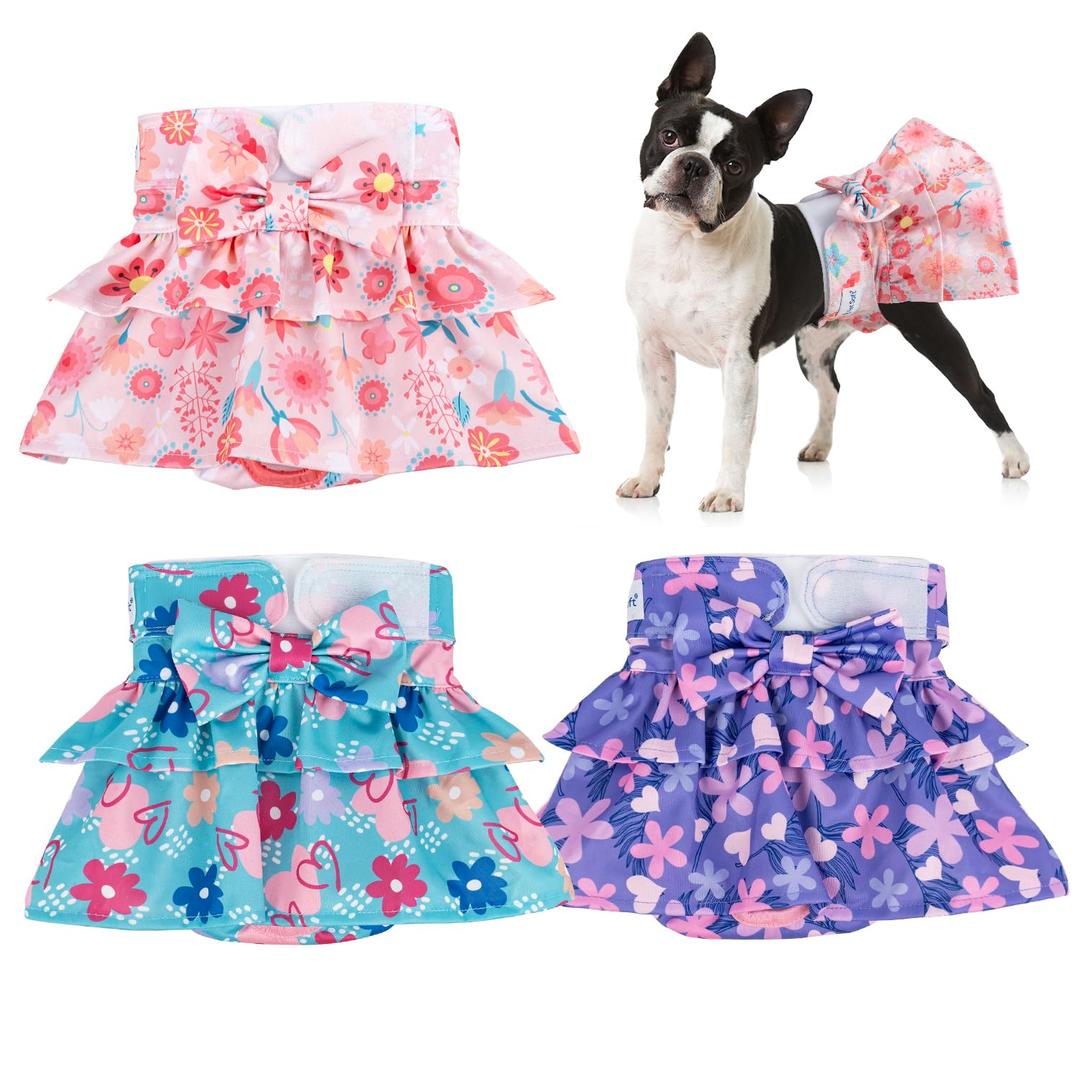 Pet Soft Female Dog Diapers - 3 Pack Washable Dress-Style Dog Diapers Female for Girl Dogs in Heat - Reusable Doggy Period Panties Puppy Diaper (Flower Dress, XL)