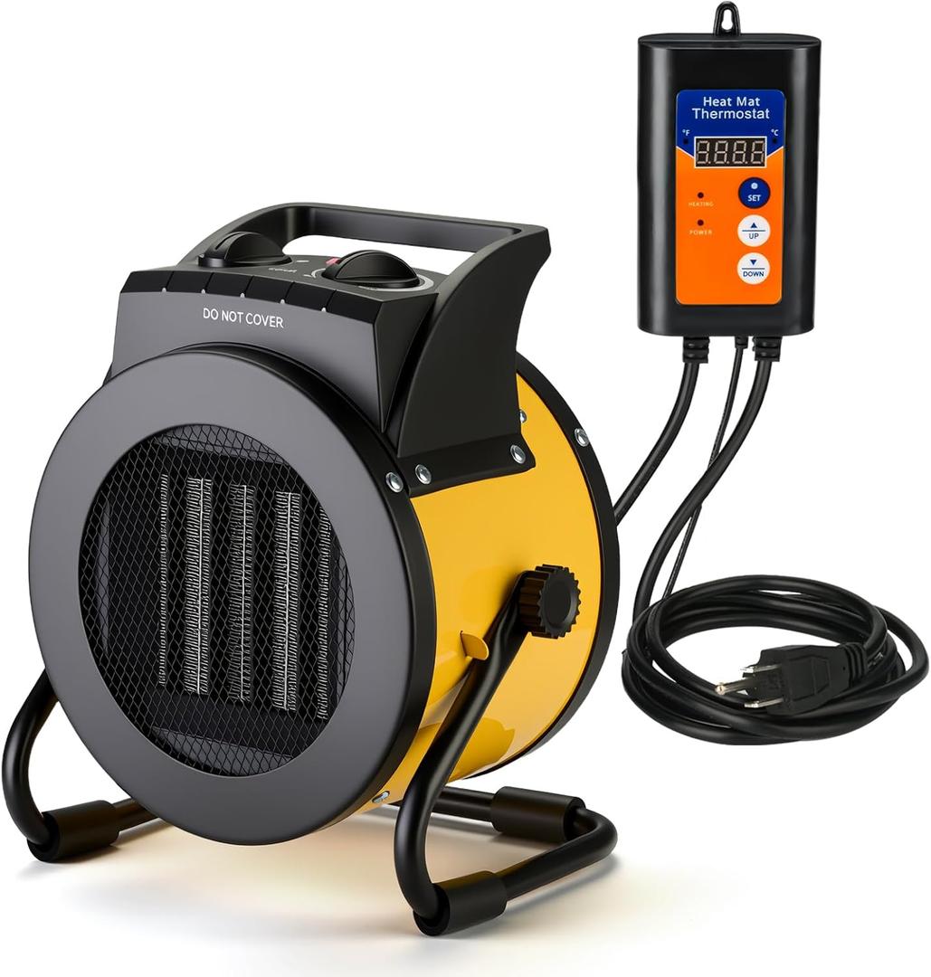 Aarcinhke Greenhouse Heater with Digital Thermostat, 1500W Electric Grow Tent Heaters, 3S PTC Fast Heating, 3 Modes Adjustment, Overheat Protection for Patio, Grow Tent, Greenhouse, Outdoor, Yellow