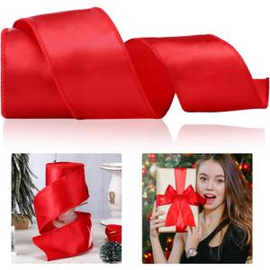 Xinnun 2.5 Inch Christmas Red Satin Wired Ribbon 20 Yards Red Wire Edge Ribbon Christmas for Wreaths Gift Wrapping Bows Making Crafts Xmas Tree Decoration Home Decor