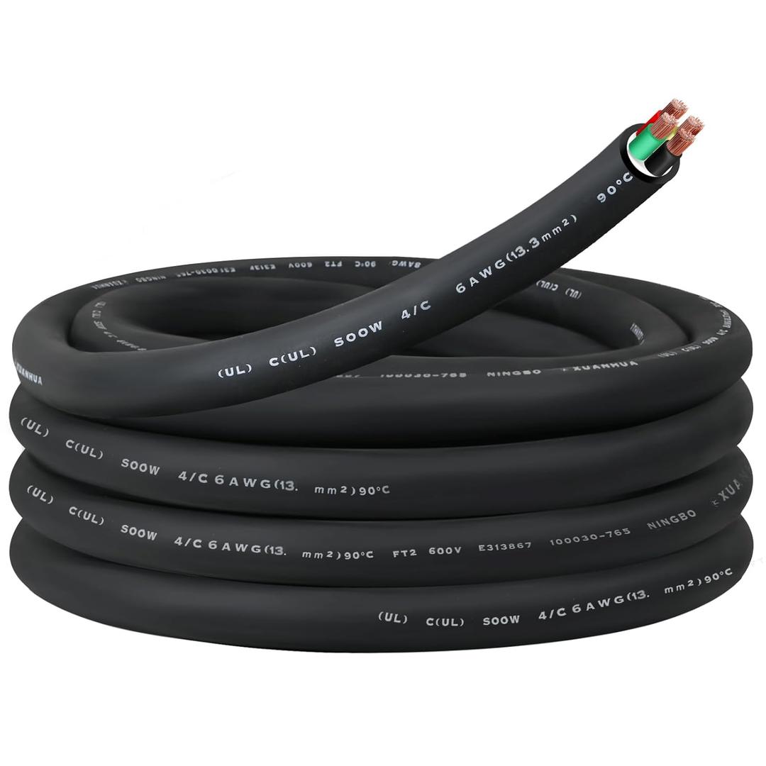 10FT 6/4 6AWG SOOW Portable Power Cable (4 Conductor600V 6 Gauge Electrical SOOW Wire for Welder Machine, Generator, EV Car Charger,Portable Light, Motor Lead, Industrial Outdoor