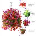 Artificial Hanging Baskets Outdoor, 4 Bundles Artificial Hanging Flowers Outdoors Spring Summer Decoration, No Fade Realistic Fake Hanging Baskets for Porch Patio Balcony Home Yard Decor
