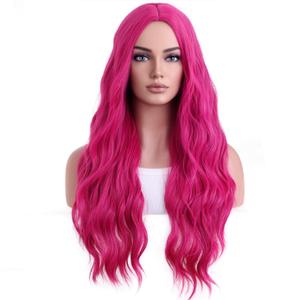 BERON Hot Pink Wigs Long Wavy Wig for Women Curly Heat Resistant Hair Wigs Halloween Cosplay Party with Wig Cap