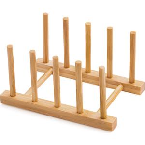Bamboo Dish Drying Rack for Kitchen Counter and Cabinet, Dish/Book/Plate/Bowl/Cup/Cutting Board/Pot Lid Organizer for Kitchen, Living Room, Study, Display Cabinet (4 Slots)
