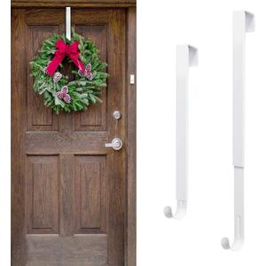 2 Pack Adjustable Length Wreath Hanger Christmas Decoration for Front Door,Extends from 15 - 24 Metal Wreath Hooks Over The Door for Party Decoration, Hanging Clothing, Towels, WreathsWhite