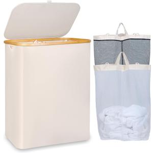iEGrow 150L Laundry Basket with Lid, Large Laundry Hamper with Bamboo Handle, Collapsible Dirty Clothes Hamper Organizer with 2 Removable Inner Bags for Clothes Toys Towels - Beige