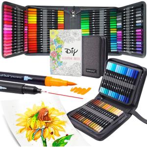 LANRENWENG 100 Colors Duo Tip Brush Markers Art Pen Set, Fine Brush Tip Colored Pens Set with Canvas Bag,Adult Coloring Books Drawing Sketching Calligraphy