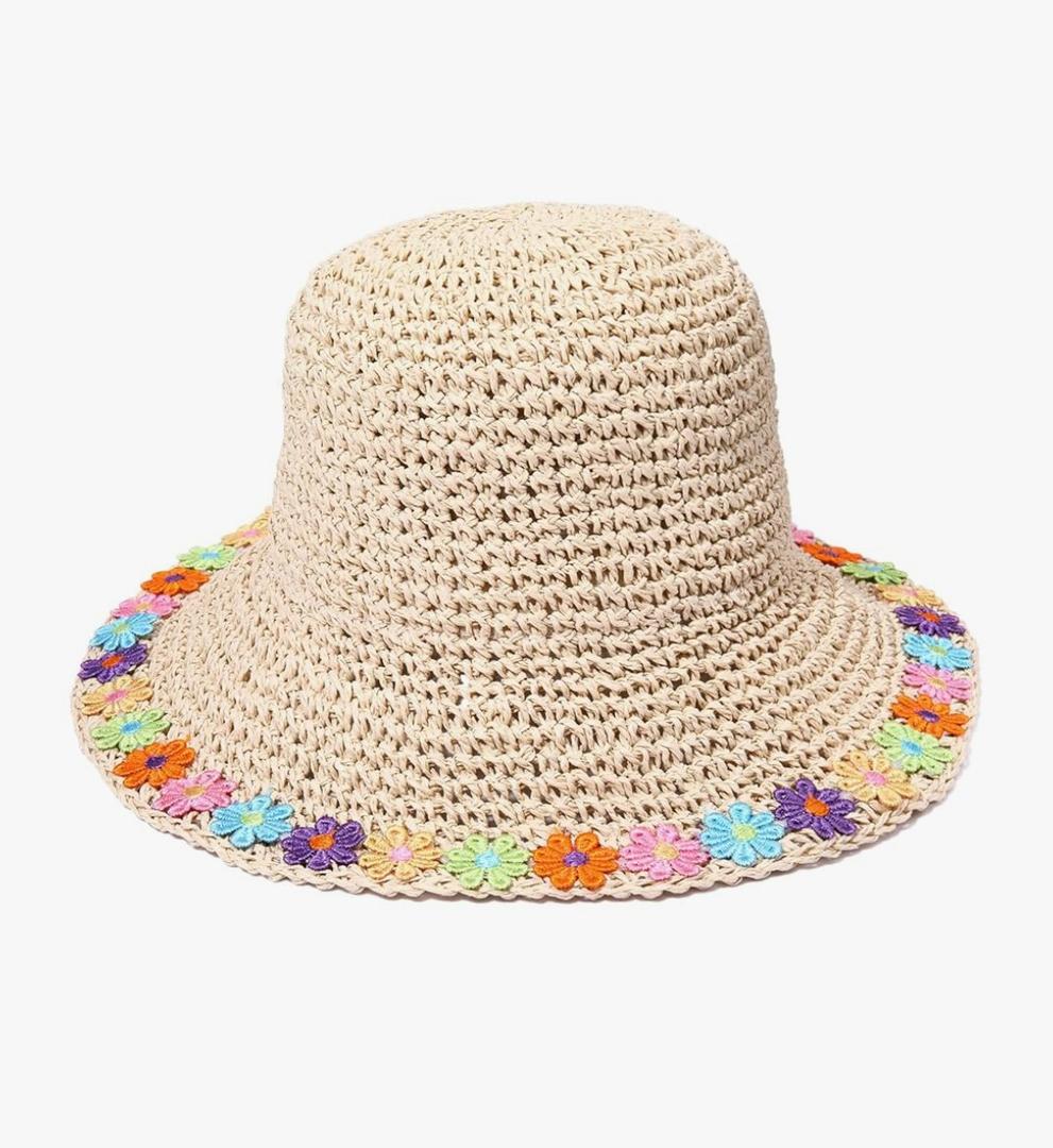 Sun Hat Womens Embroidered Flower Trim Straw Bucket Sun Hat Packable Floppy Summer Beach Hat Travel Accessories