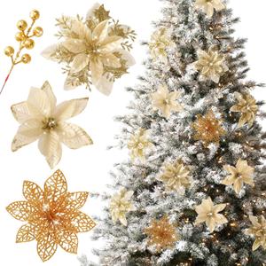 Floweroyal 30 pcs Poinsettia Artificial Christmas Flowers Decorations with Clips and Berry Stems Glitter Ornaments for Christmas Tree Wreath Fireplace Stairs Decor (Gold-3 Styles)