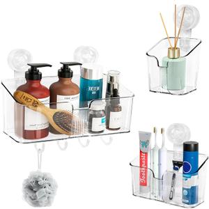 HYBRIDEAS Clear Shower Caddy Suction Cup Shelf Organizer with Hooks Removable Shower Basket Light Luxury Style Punch-Free Dorm Wall Storage Rack for Kitchen Bathroom Set of 3