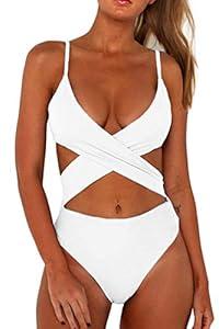 CHYRII Women's Sexy Criss Cross High Waisted Cut Out One Piece Monokini Swimsuit (Flamingo) S