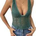 Womens Lace Corset Top Plunge V Neck Bustier Sheer Sexy Going Out Top Boned Party Cami Top (Green, M)