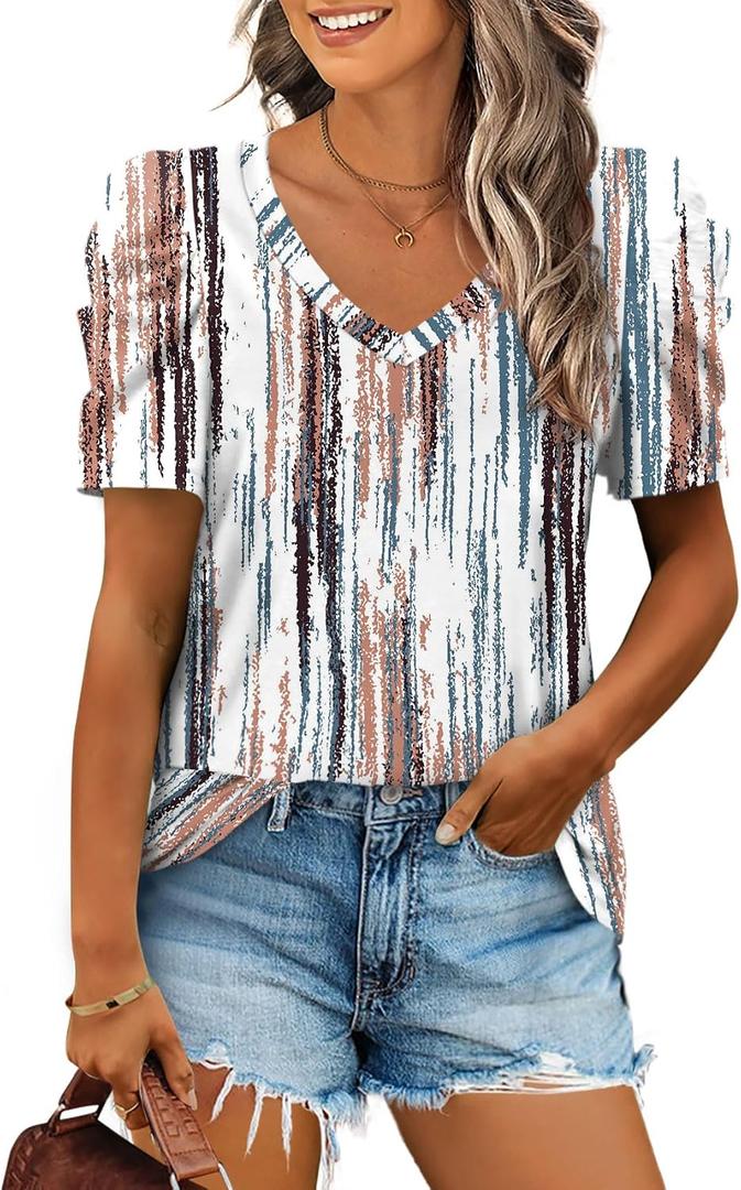 XIEERDUO Womens Summer Shirt V Neck Casual Tshirts Puff Sleeve Tops for Women Solid Color XS-3XL (White, S)