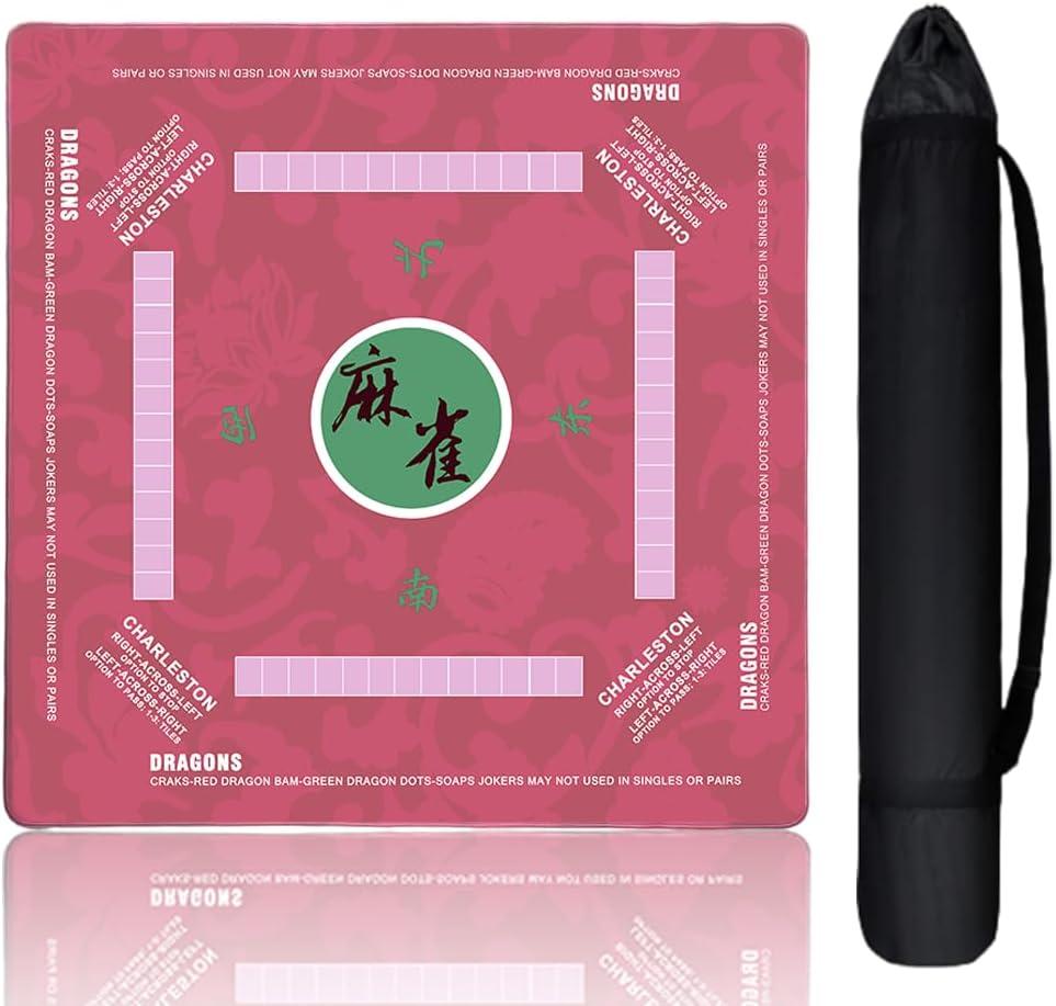 Aucuda Mahjong Mat Noise Reducing with Rules, 33.5x33.45 Inch Non-Slip American Mah Jongg Table Set Cover with Travel Bags, Thanksgiving Poker Card Games Board Waterproof, 2025 Version (Pink).