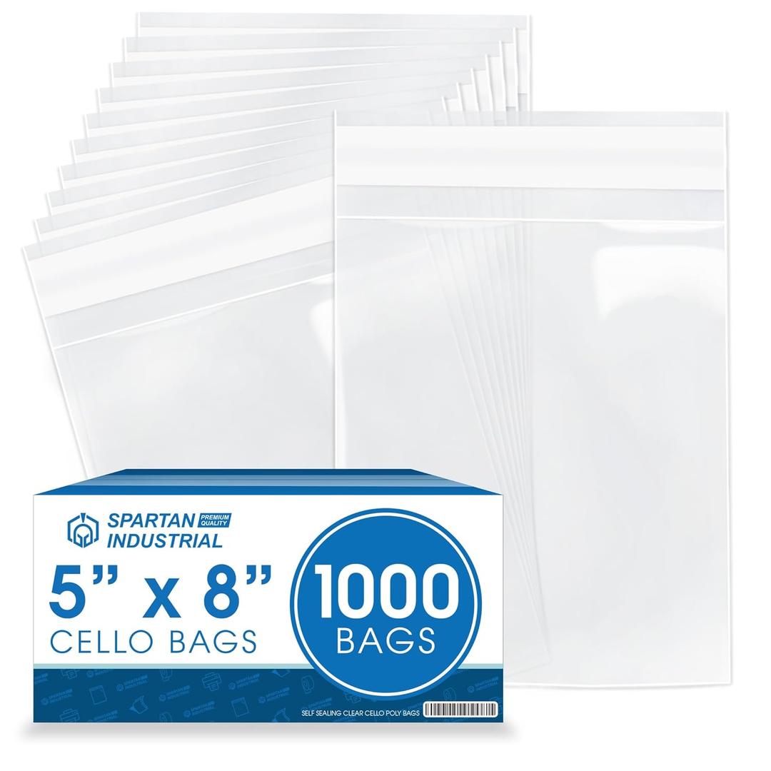 Spartan Industrial - 5" X 8" (1000 Count) Crystal Clear Resealable Cello Poly Bags for Jewelry, Treats, Party Favors - Self Seal
