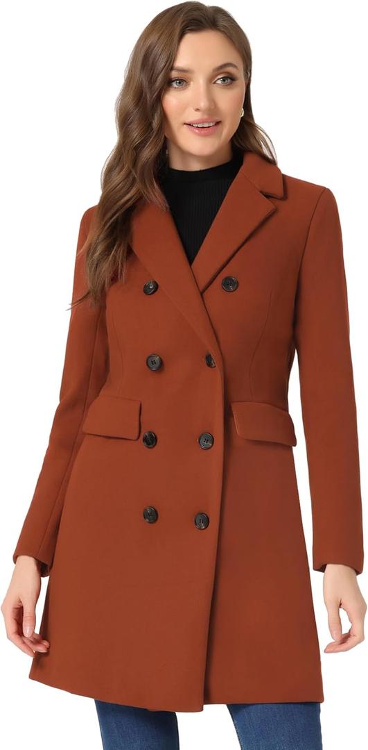 Allegra K Women's Winter Coat Elegant Notched Lapel Double Breasted Trench Coat, M