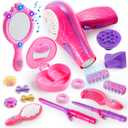 JOYIN 17Pcs Girls Beauty Salon Set, Pretend Role Play Doll Hair Stylist Toy Kit with Hairdryer, Mirror, Curling Iron and Other Accessories for Kids Toddler Fashion Cutting Makeup Party Favor