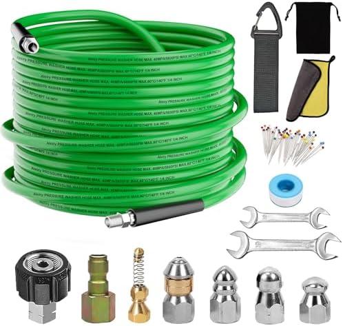 Sewer Jetter Kit for Pressure Washer,Water Jet Drain Cleaning Hose with Corner Rotating Button Spring Nose 1/4" NPT Sewer Cleaning Tool High-Pressure Nozzles,5800 PSI 50 FT