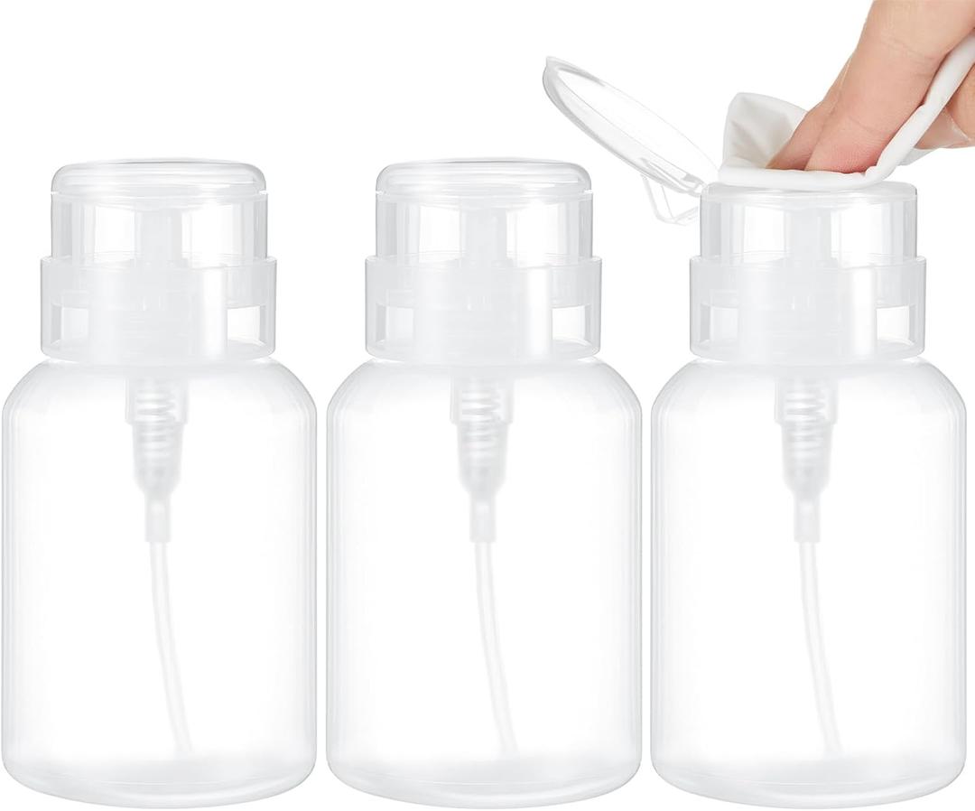Layhit 3 Pack 6.8 oz (200ml) Push Down Lockable Pump Dispenser Bottle with Stickers, Alcohol Push Down Empty Refillable Container for Nail Polish Remover, Alcohol & Makeup Remover (Clear Top Cap)