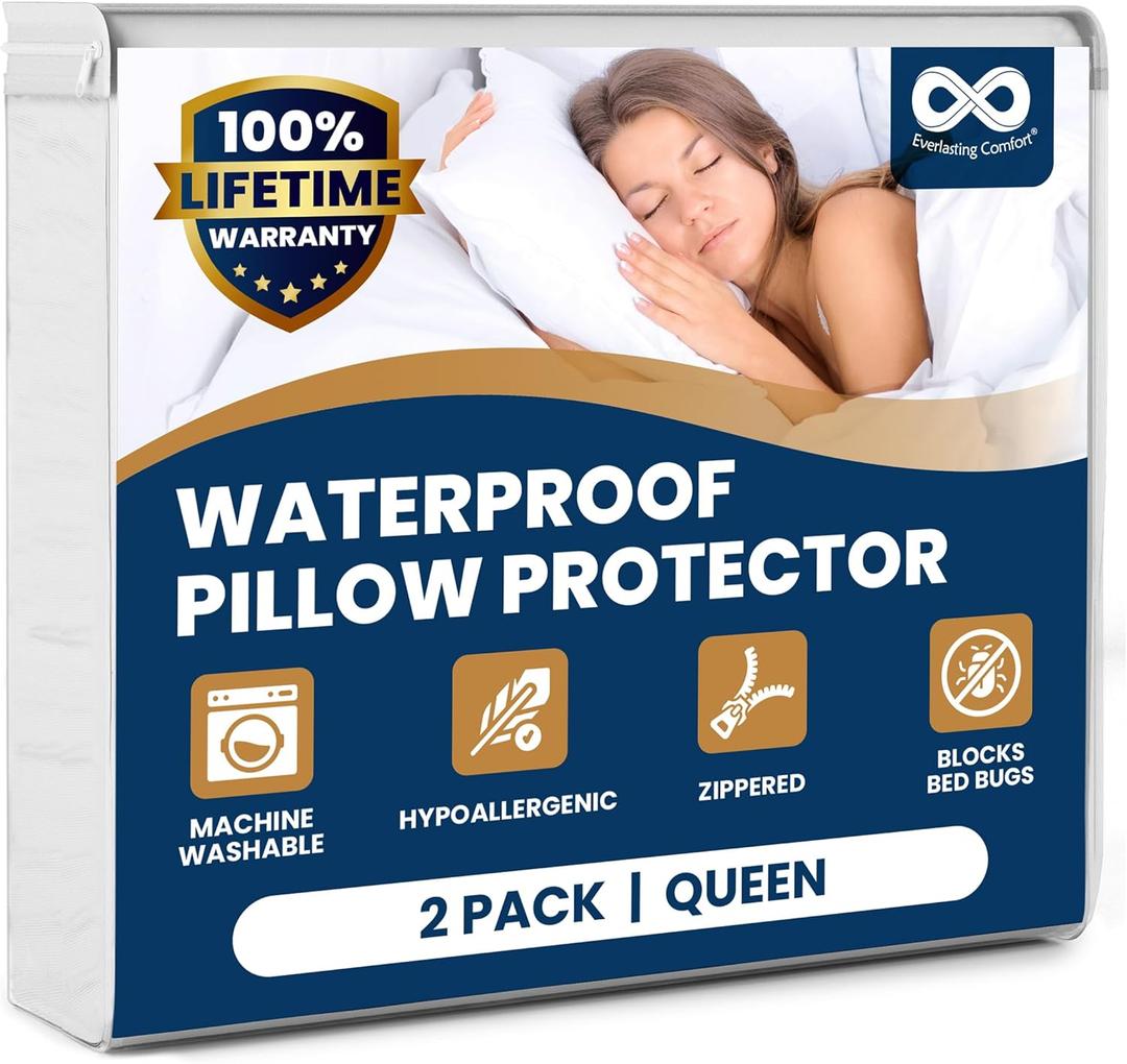 100% Stain Resistant & Waterproof Queen Size Pillow Protectors with Zipper Set of 2 - Bed Bug & Dust Mite Proof White Pillowcases - Breathable, Comfortable Pack of Covers for Pillows, 20 x 30 Inches