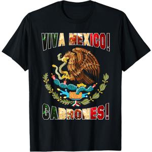 Viva Mexico Cabrones flag emblem coat of arms tee t-shirts T-Shirt (Small, Black)
