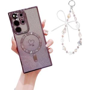 Designed for Samsung S25 Ultra Case Magnetic Glitter with Wrist Strip Compatible with MagSafe, Luxury Plating Heart Shockproof Protection Phone Case Clear Cover for Women Girls -Purple