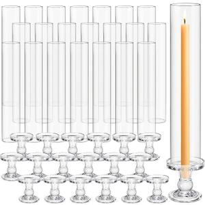 Teenyyou 24 Set Glass Hurricane Candle Holders 12.6" Open Ended Glass Candleholder Tube Shape Bottomless and 2.2" Taper Clear Candlestick Holders for Wedding Party Table Centerpiece