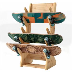 5-Tier Skateboard Rack Floor Stand Bamboo Wood Skateboard Holder, 13.58"D x 13.15"W x 29.13“H