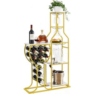 5-Tier Rack Freestanding Floor, 11 Bottles Modern Wooden Holder-Storage Cabinet for Home Bar, Kitchen, Dining Room Space Saving Bar Stand with Easy Assembly.(Gold/White)