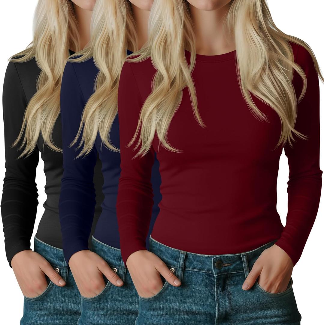 Riyiper 3 Pack Women's Long Sleeve Shirts Cotton Blend Crew Neck Slim Fit Tops Basic Layering Soft Casual Everyday Undershirt (Large, Wine Red, Navy Blue, Black)