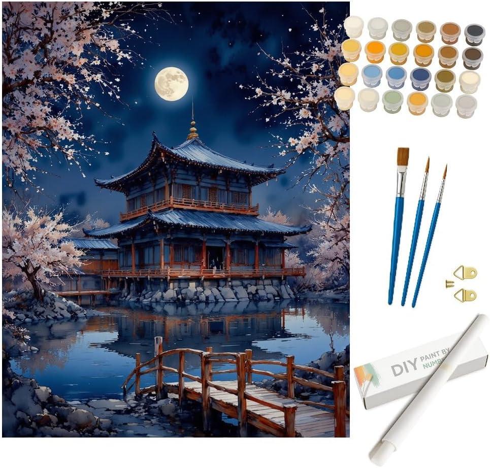 Moonlit Temple Paint by Numbers Kit for Adults - DIY Traditional Japanese Architecture Painting on Rolled Canvas 16x20 Inches, Acrylic Paint Set, Suitable for Beginners, for Home Decoration or Gifts